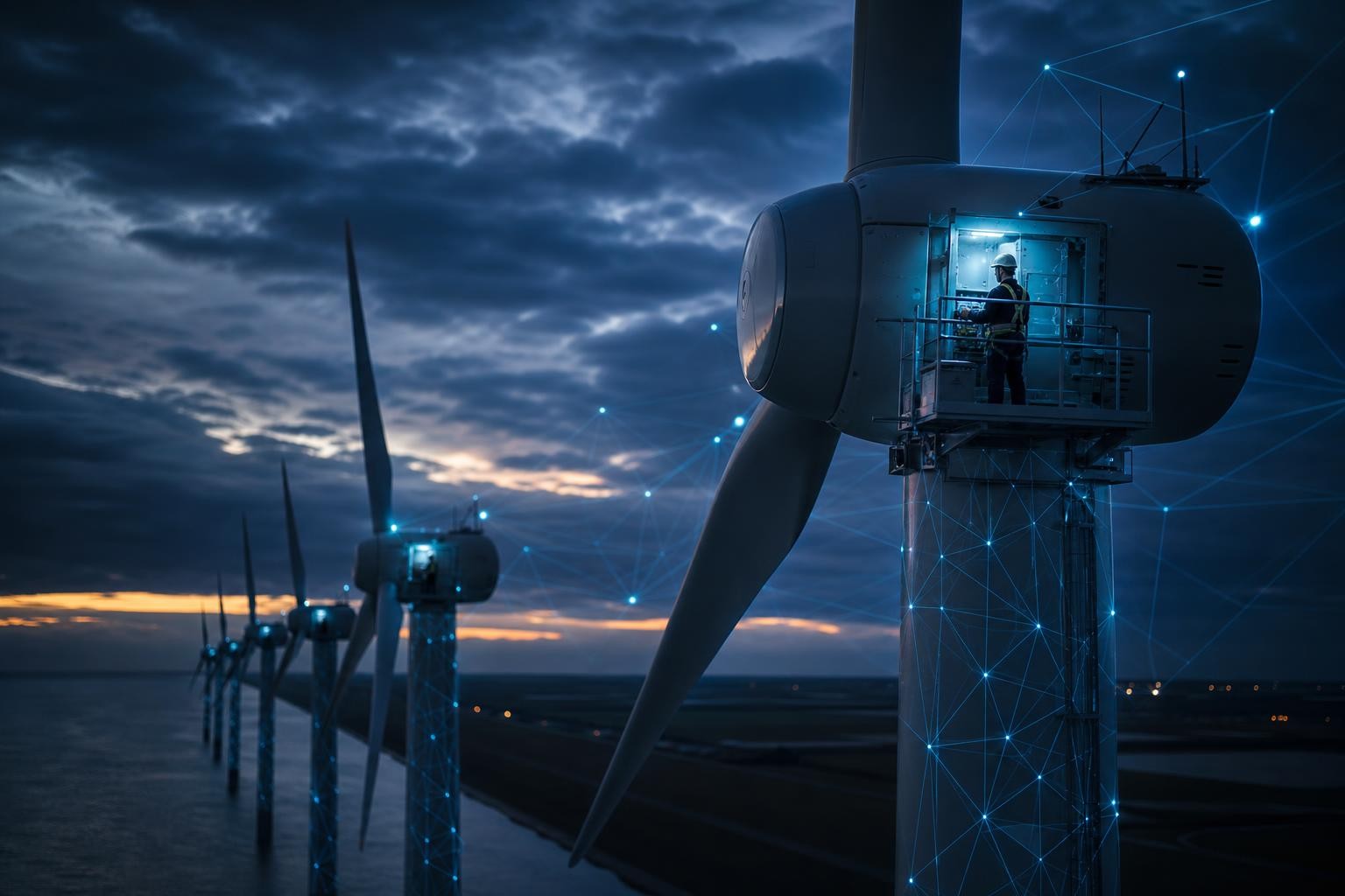 Coastal wind turbines at dawn with a maintenance technician inspecting a nacelle