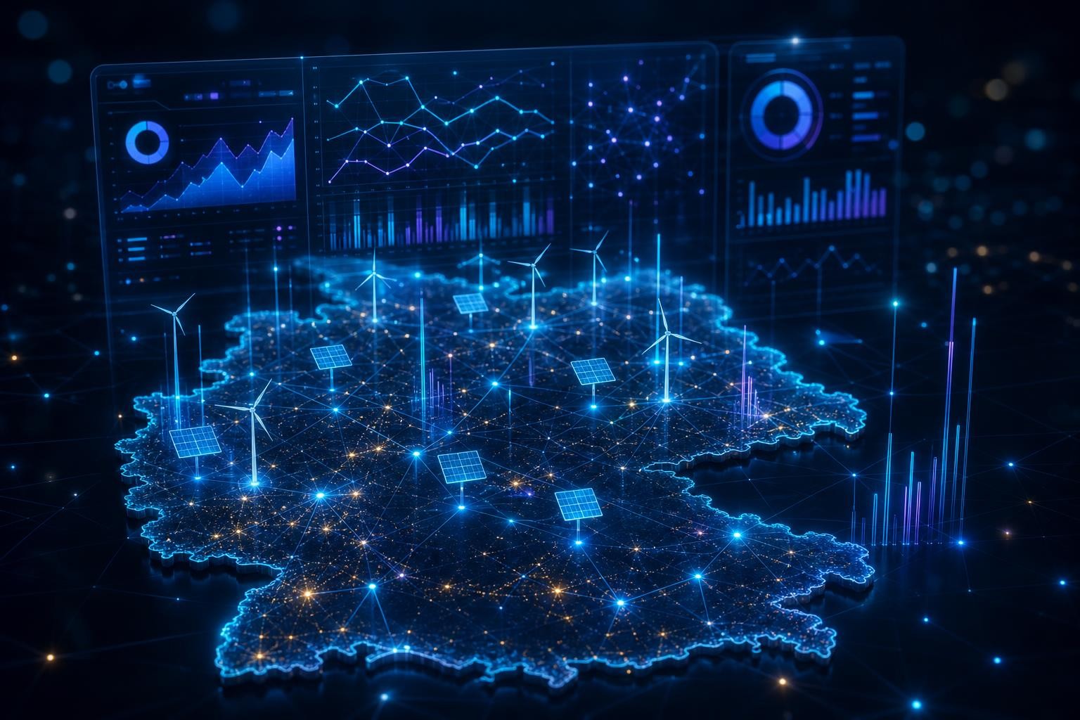 Holographic energy-market analytics dashboard floating over a night map of Germany