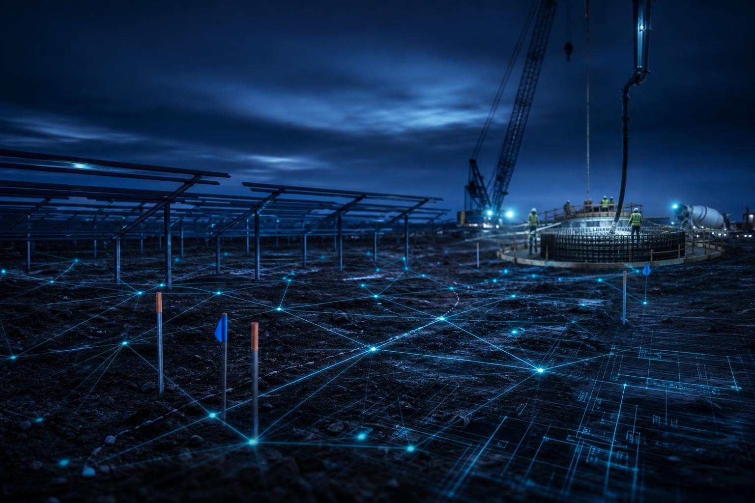 Early-stage renewable energy construction site with survey markers and a crane at blue hour