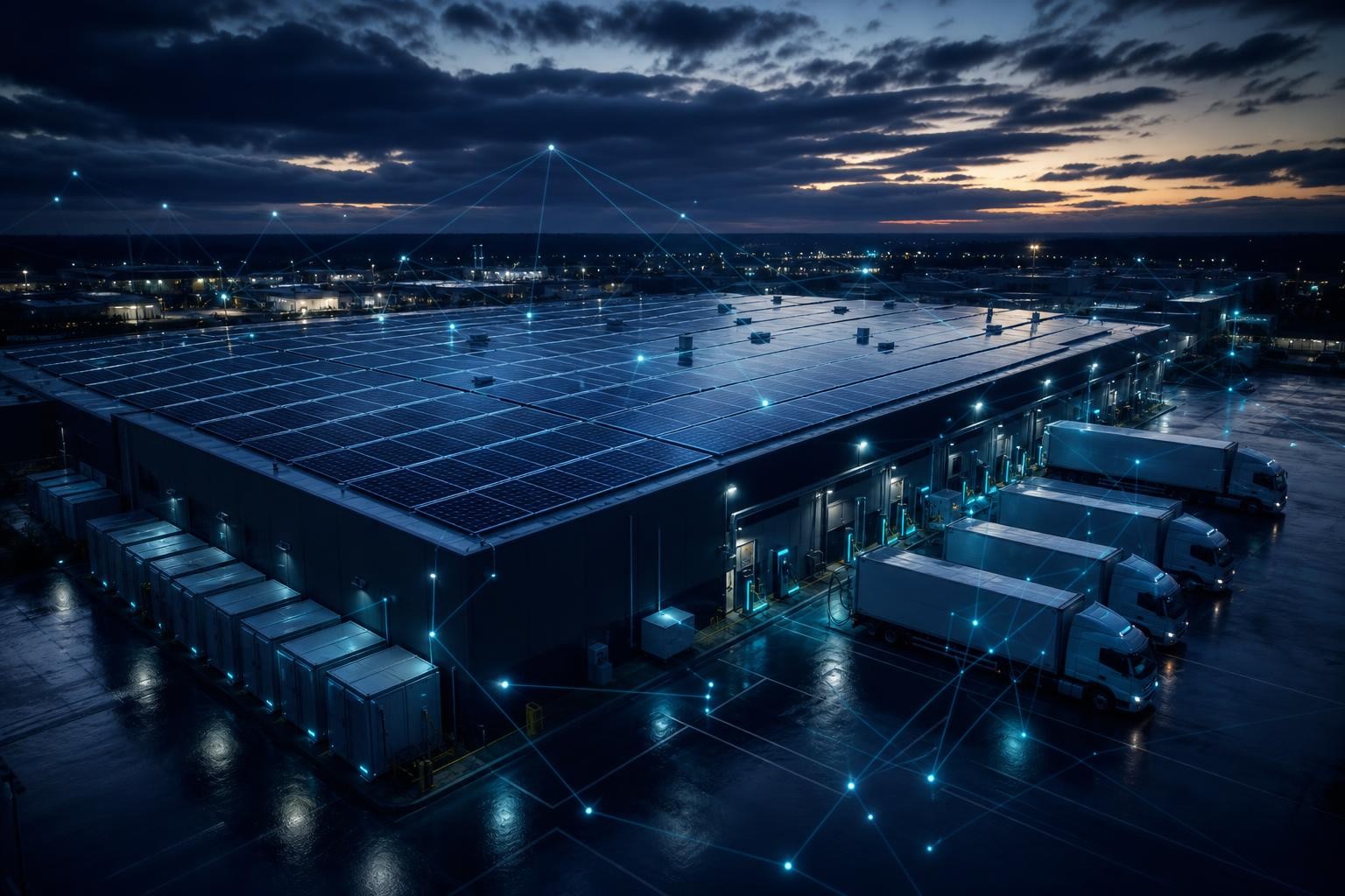 Industrial solar rooftop with battery storage and electric-truck charging at dusk